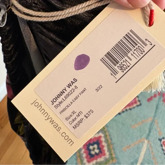 New Johnny Was Jade Priscilla printed velvet wide leg easy pants - Picture 9 of 9